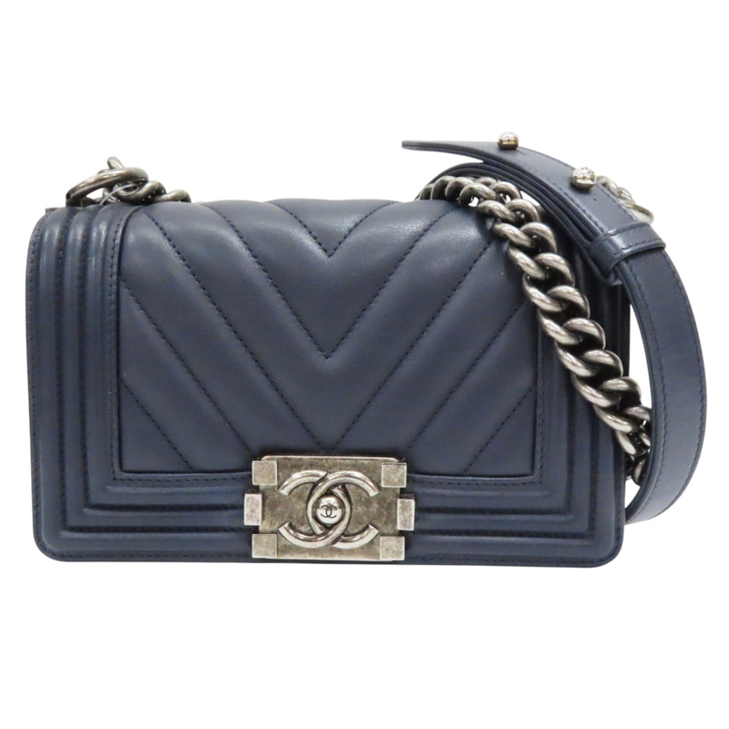 藍色 山型壓紋 牛皮 Boy 20 鍊帶 肩背包 銀扣 A67085-0