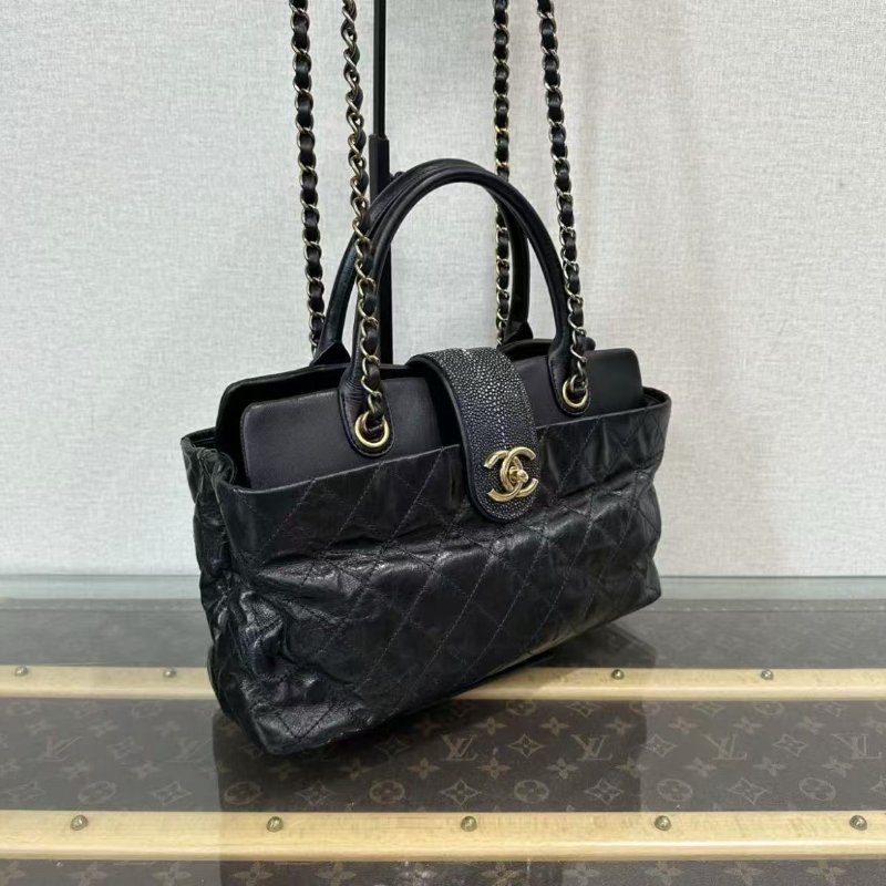 CHANEL 黑金牛皮珍珠魚皮手提托特包 31*15*10 98新配件塵袋-1