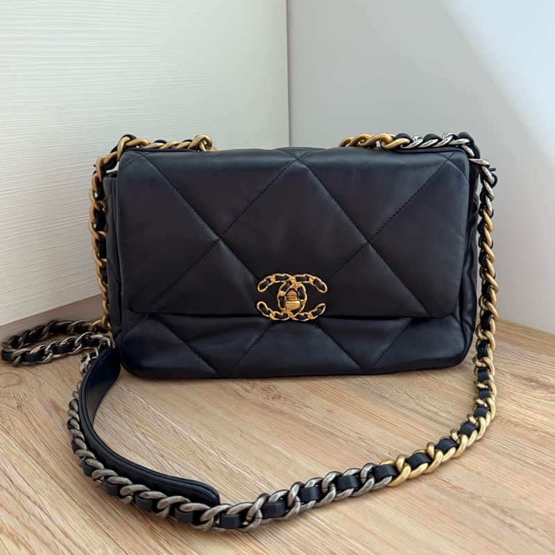 CHANEL 19 口蓋包 菱格紋 手提 肩背包 深藍19包 26CM 原廠盒子/防塵袋-6