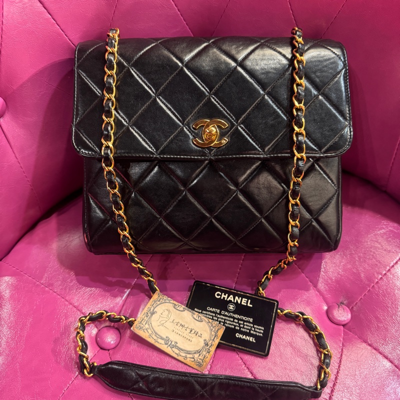 Chanel 黑金大方胖包/山羊皮/王吉娜古董精品-0