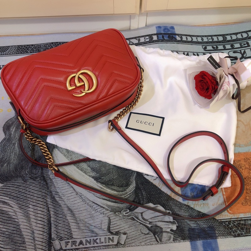 台灣專櫃 二手 Gucci GG Marmont 相機包 紅金 22小號 鏈條包 斜背包 古馳馬夢 小方包 側背包-0
