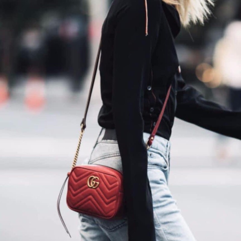 台灣專櫃 二手 Gucci GG Marmont 相機包 紅金 22小號 鏈條包 斜背包 古馳馬夢 小方包 側背包-2