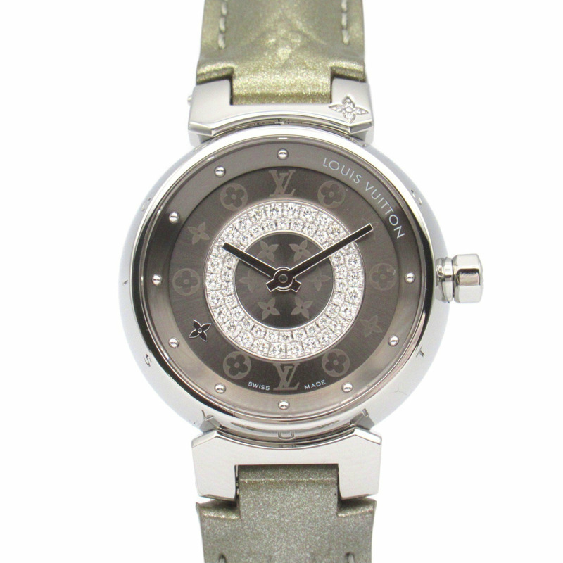 Louis Vuitton Tambour Disc PM 腕錶，不鏽鋼搭配皮革錶帶，女士，灰色，Q12MU-0