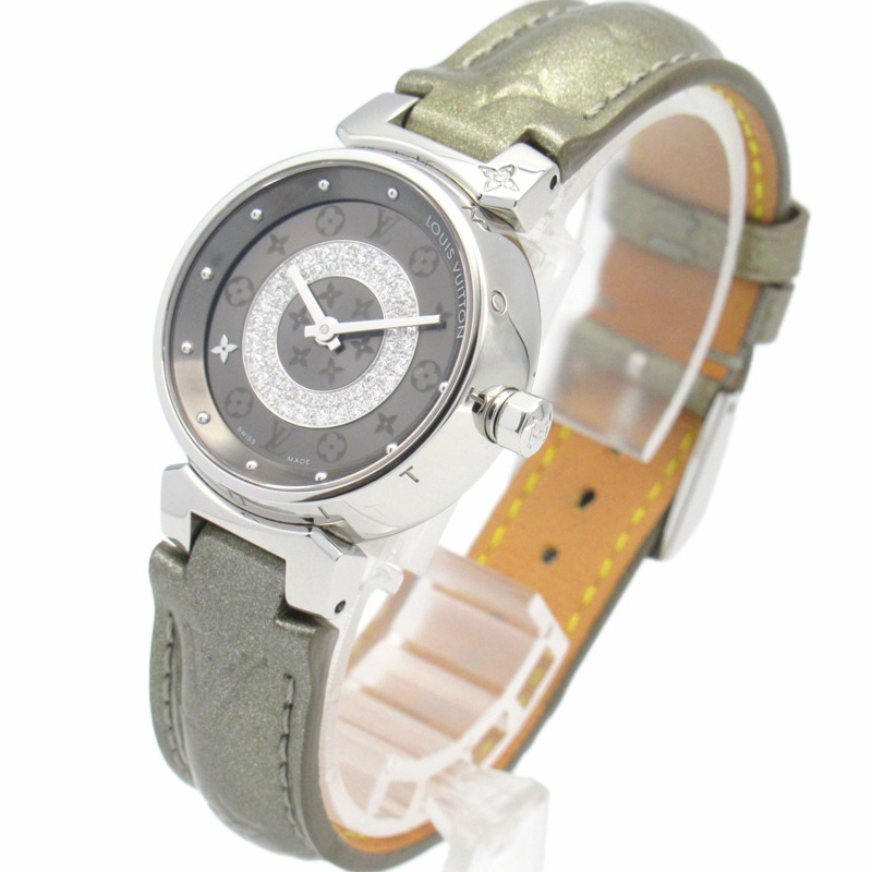 Louis Vuitton Tambour Disc PM 腕錶，不鏽鋼搭配皮革錶帶，女士，灰色，Q12MU-1