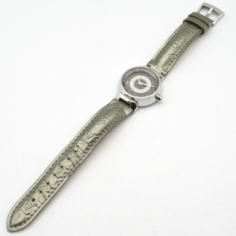 Louis Vuitton Tambour Disc PM 腕錶，不鏽鋼搭配皮革錶帶，女士，灰色，Q12MU-3