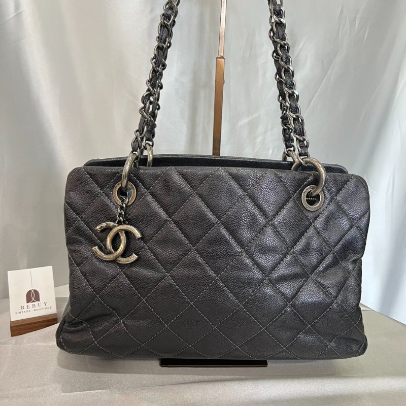 CHANEL 10開 深藍荔枝牛皮單肩托特包-0