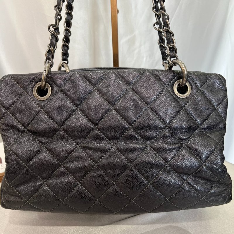 CHANEL 10開 深藍荔枝牛皮單肩托特包-1