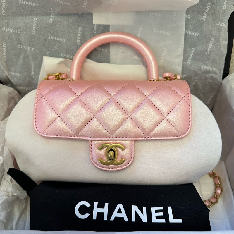 全新CHANEL 24C手柄鏈條包 珠光粉色 專櫃帶票 芯片款元寶包-0