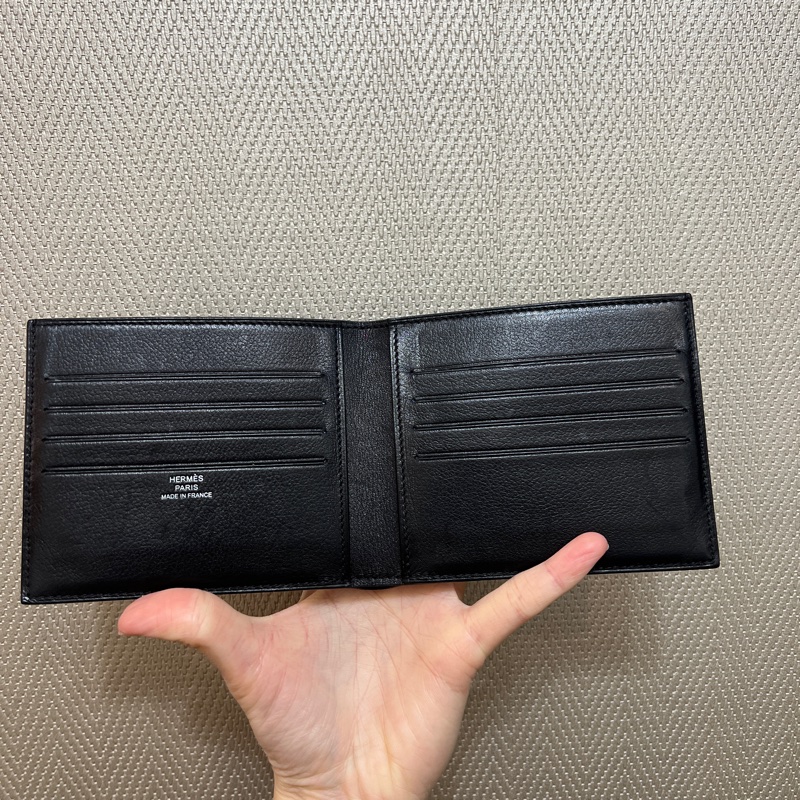 Hermes 黑EverGain皮Citizen Twill藍馬絲巾對開短夾-7