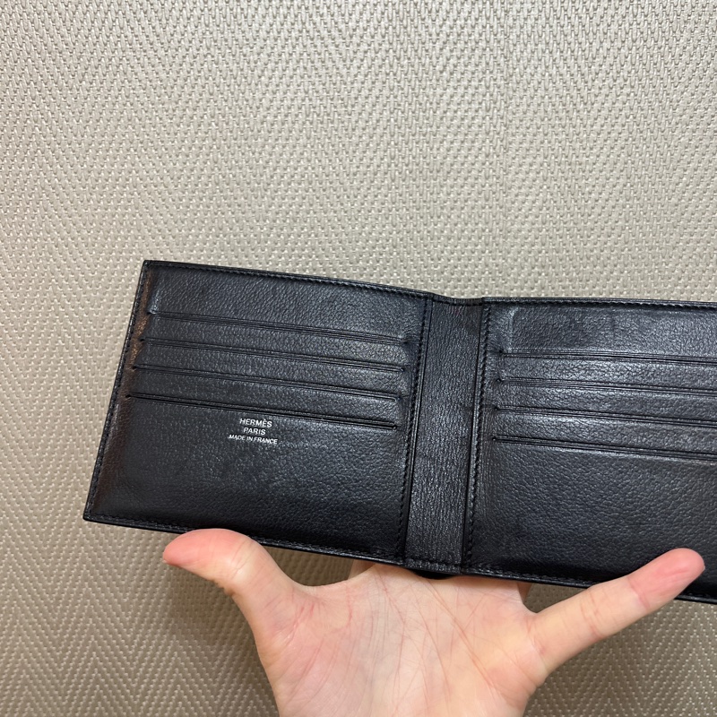 Hermes 黑EverGain皮Citizen Twill藍馬絲巾對開短夾-8