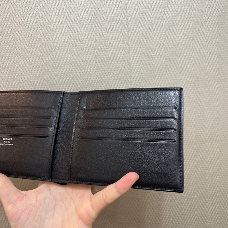 Hermes 黑EverGain皮Citizen Twill藍馬絲巾對開短夾-9