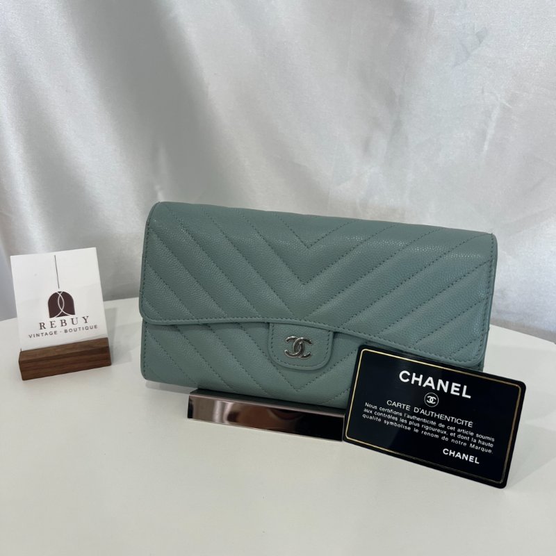 CHANEL 25開 湖水綠CF荔枝皮山形紋長夾-0