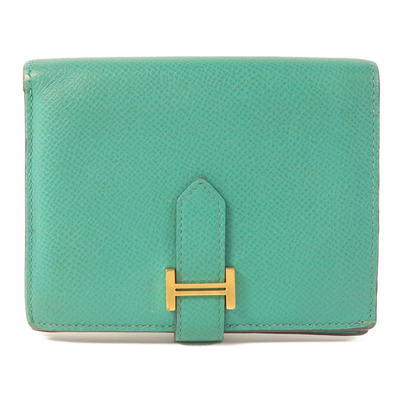 HERMES Epsom皮革Bearn Compact金扣錢包Vert Jade-0