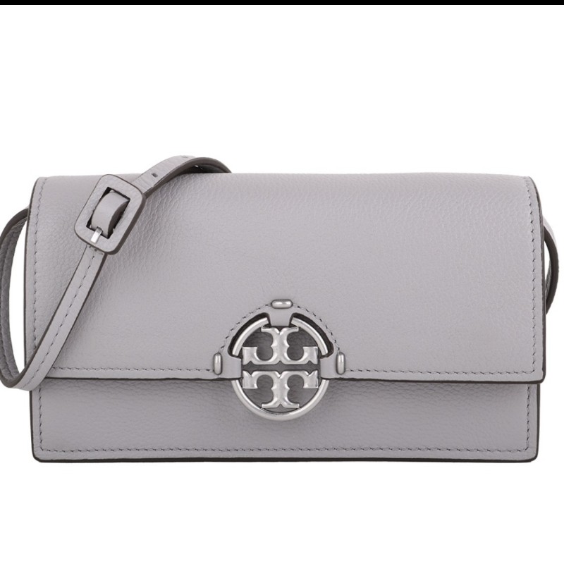 TB Toryburch MILLER 專櫃款 可拆帶皮革手拿/斜背包(淺灰)小款 全新-0