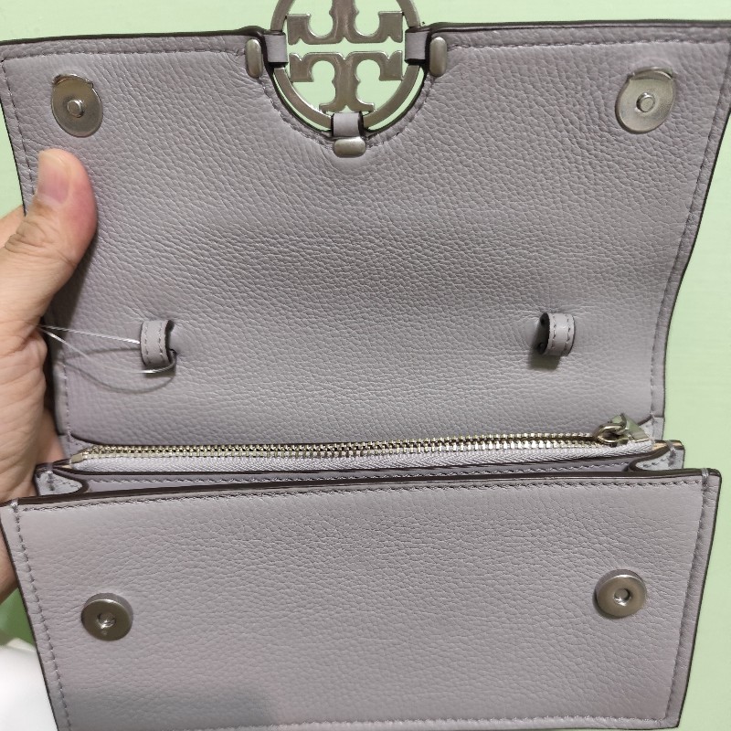 TB Toryburch MILLER 專櫃款 可拆帶皮革手拿/斜背包(淺灰)小款 全新-15