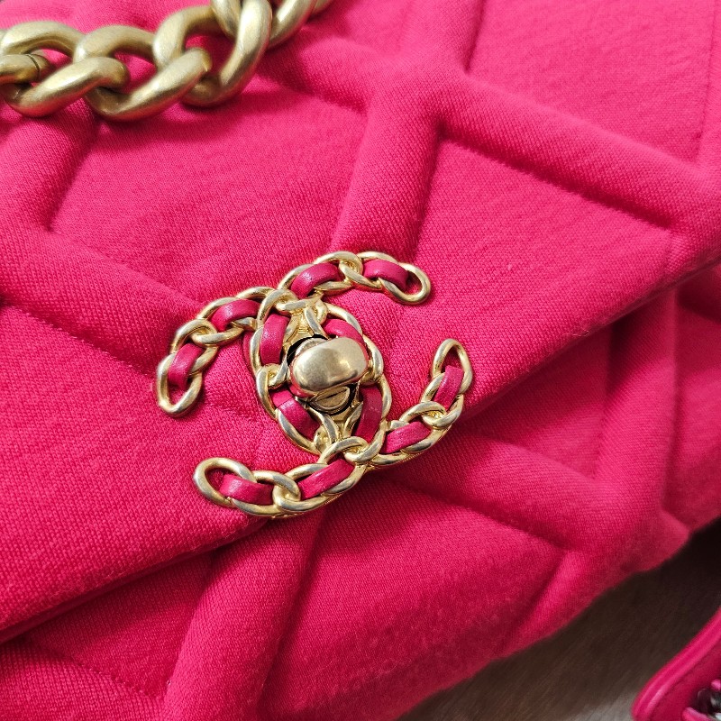 Chanel香奈兒 桃粉針織布19系列手提斜背口蓋包-23