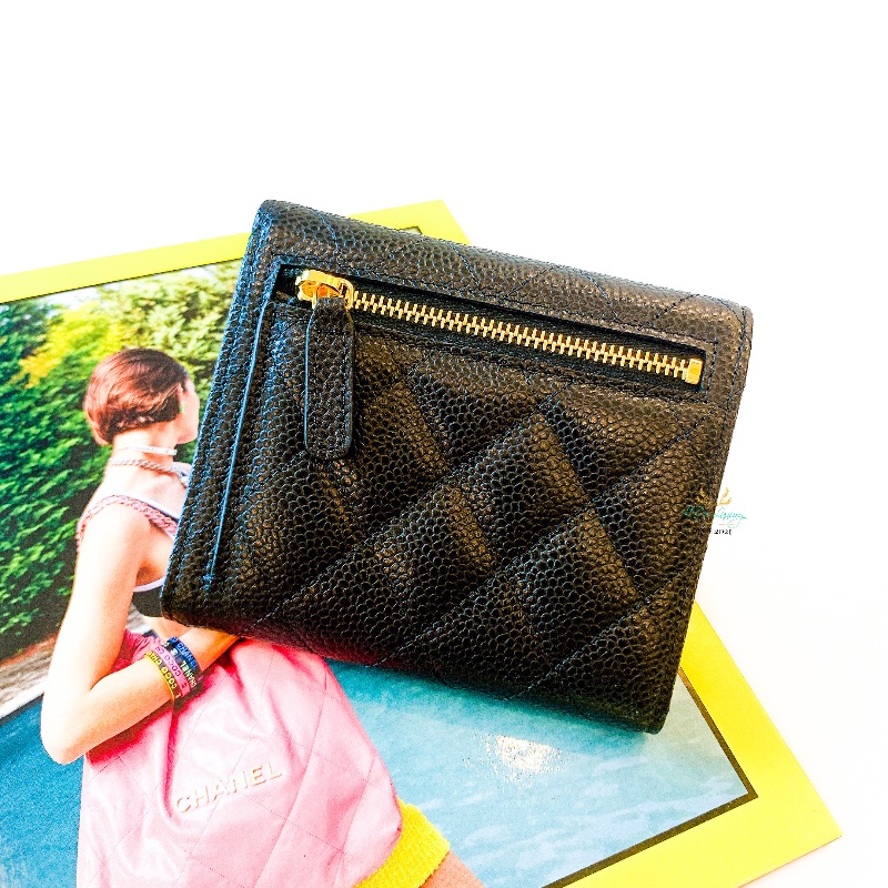 CHANEL 香奈兒 AP0231 全新商品 黑色 荔枝牛皮 菱格紋 金雙Ｃ 釦式短夾 精品短夾-1