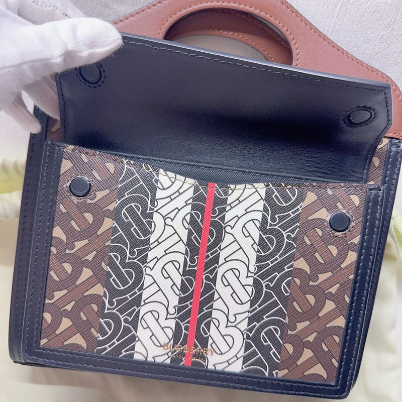 二手Burberry pocket系列迷你款TB字母條紋帆布手提斜背包 Burberry包 Burberry托特包-2