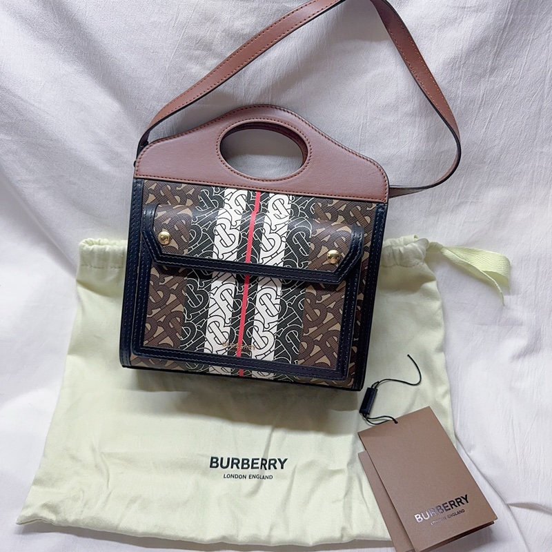 二手Burberry pocket系列迷你款TB字母條紋帆布手提斜背包 Burberry包 Burberry托特包-5
