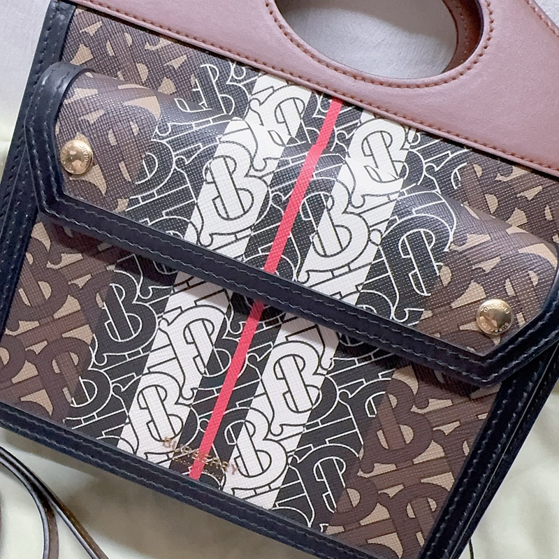 二手Burberry pocket系列迷你款TB字母條紋帆布手提斜背包 Burberry包 Burberry托特包-6