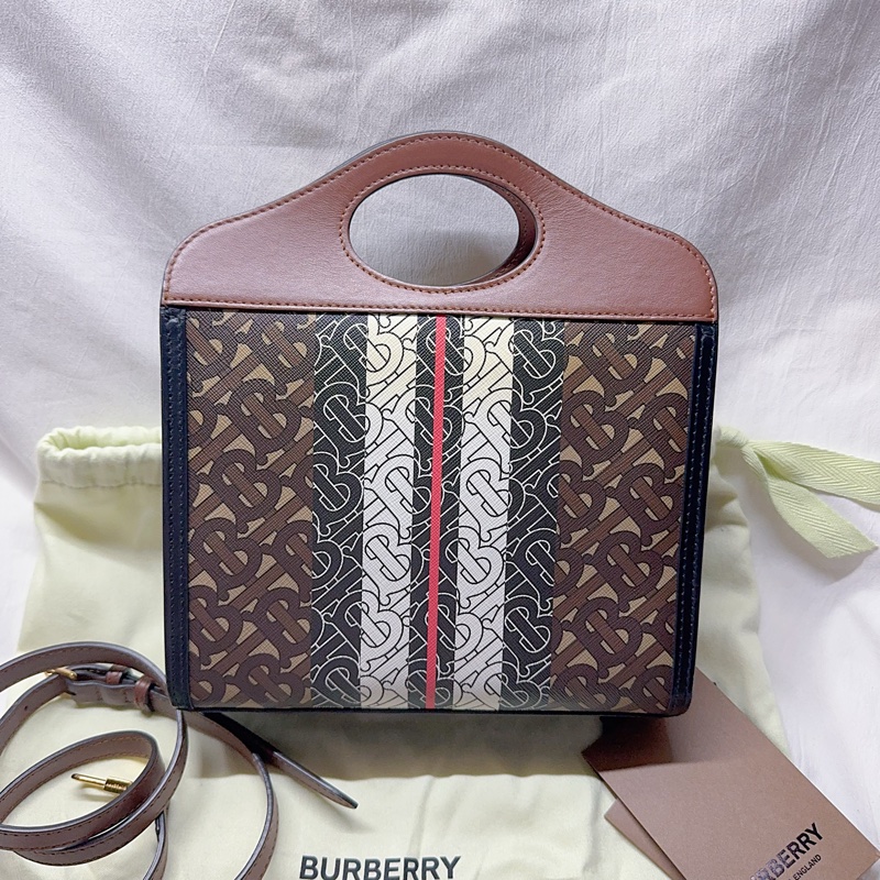 二手Burberry pocket系列迷你款TB字母條紋帆布手提斜背包 Burberry包 Burberry托特包-7