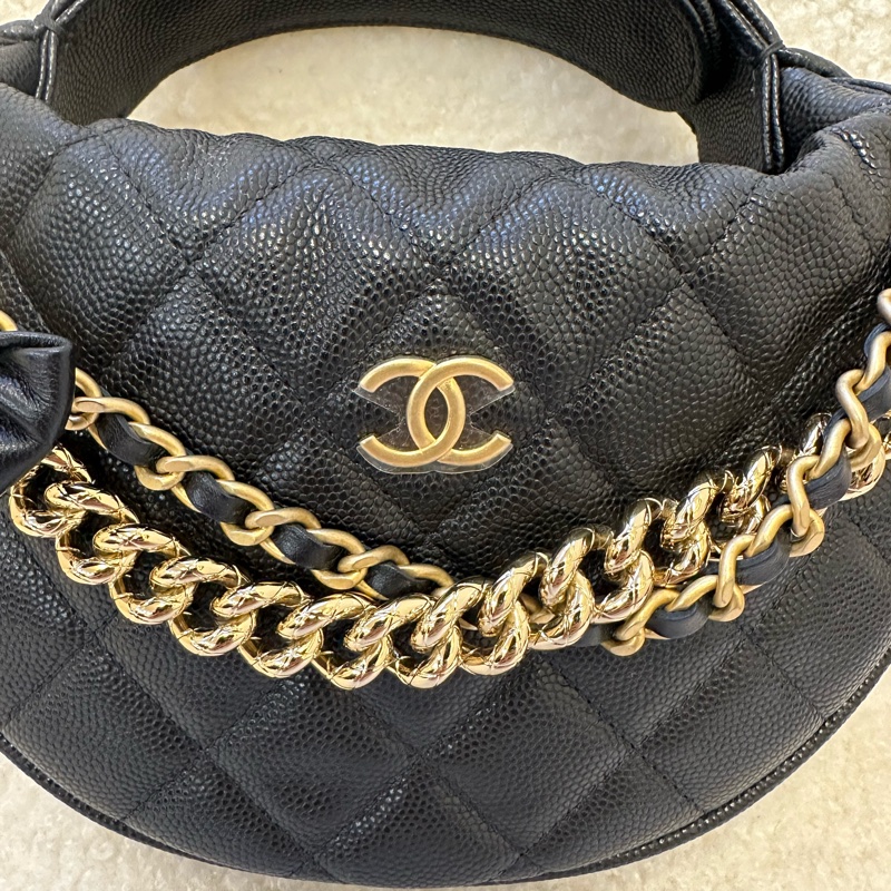 Chanel香奈兒24S呼啦圈包 黑金荔枝牛皮 蝴蝶結鏈條裝飾 手提包-4