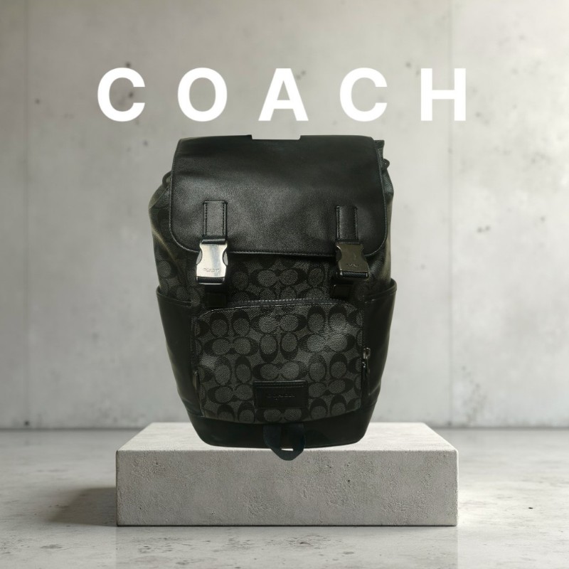 來囉‼️來囉‼️雙11優惠上車囉🚒超狂降價只到11/11🎁㊣✨COACH✨蔻馳 黑色 老花 皮革 掀蓋 抽繩 後背包/二手包/二手精品🌳二手樹屋🌳-0