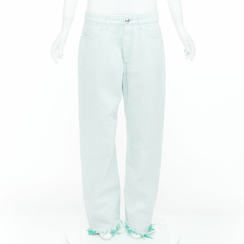 JIL SANDER washed green cotton frayed hem wide leg jeans FR40 S-0