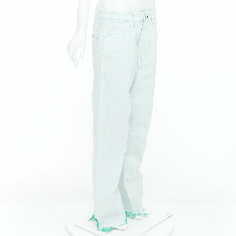 JIL SANDER washed green cotton frayed hem wide leg jeans FR40 S-2
