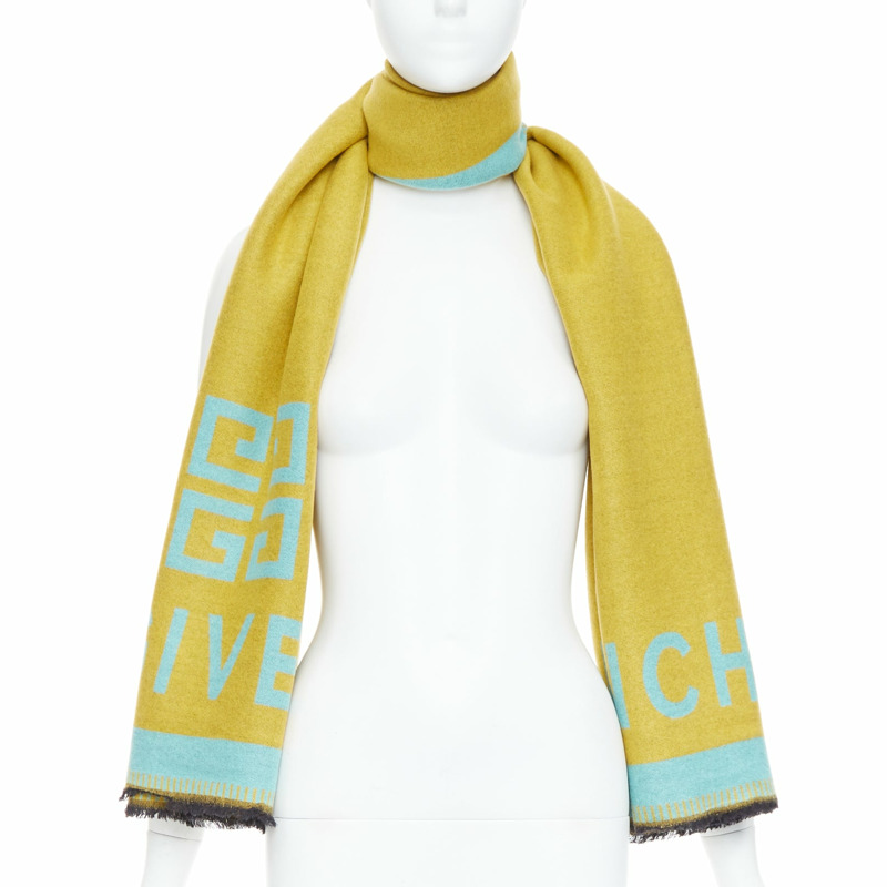 GIVENCHY mustard mint green wooly black fringe big logo long scarf-0