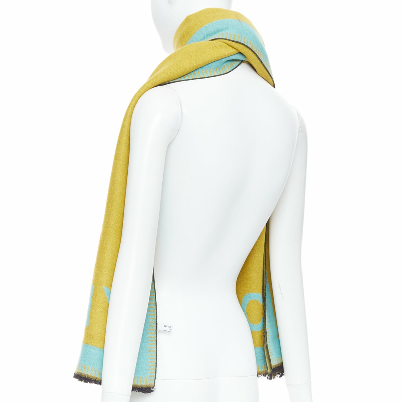 GIVENCHY mustard mint green wooly black fringe big logo long scarf-5
