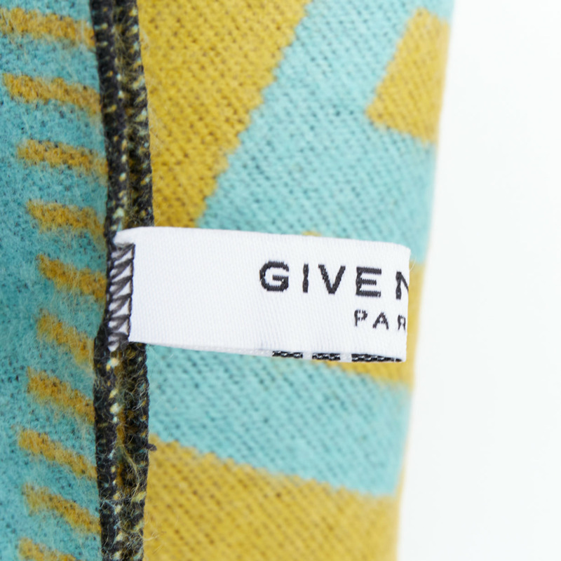 GIVENCHY mustard mint green wooly black fringe big logo long scarf-7
