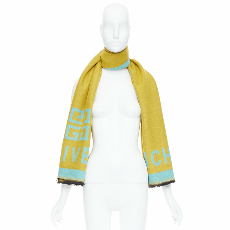 GIVENCHY mustard mint green wooly black fringe big logo long scarf-8