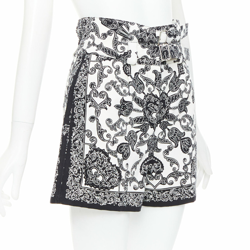 CHRISTIAN DIOR black white cotton handkerchief double belt shorts FR34 XS-2