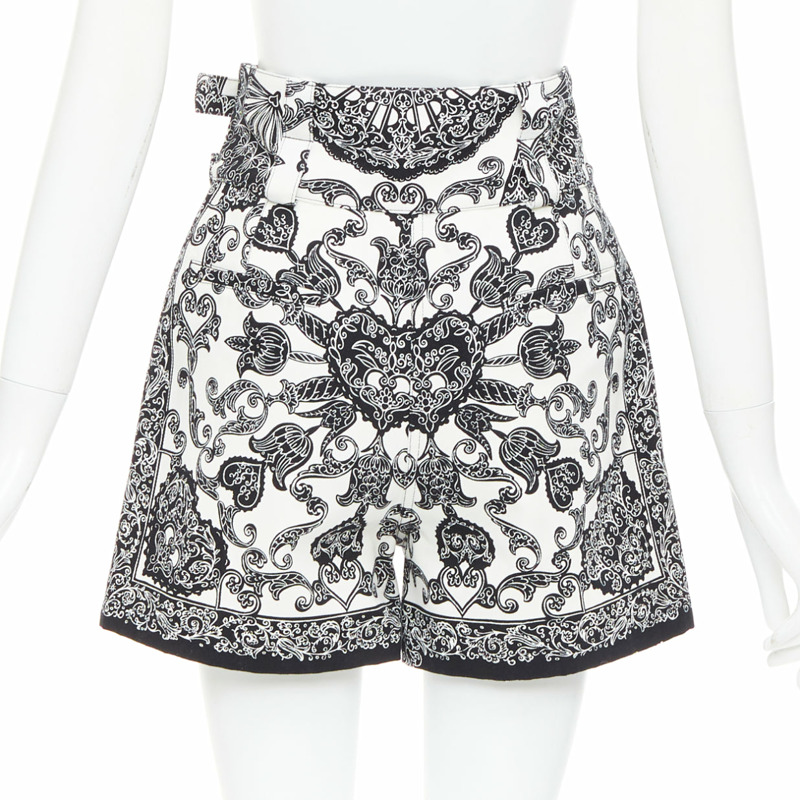 CHRISTIAN DIOR black white cotton handkerchief double belt shorts FR34 XS-4