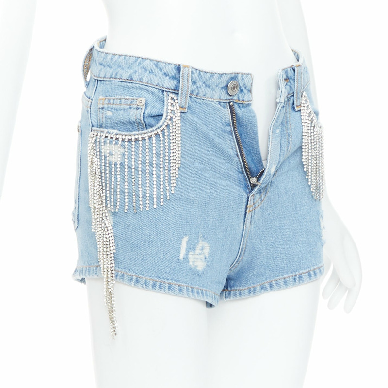 CHIARA FERRAGNI blue crystal fringe distressed denim short shorts XS-0