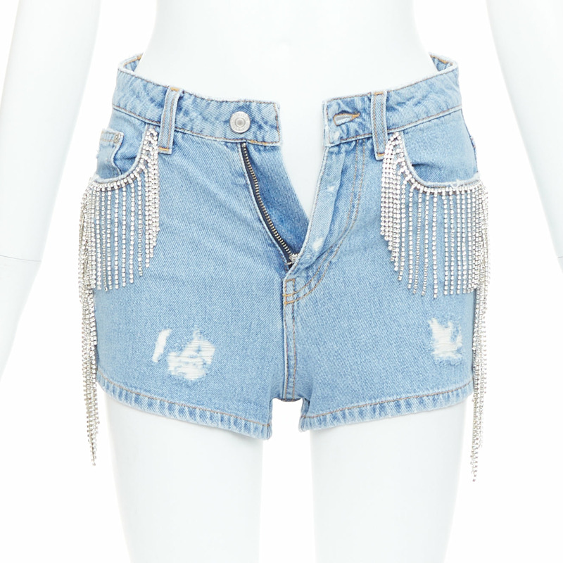 CHIARA FERRAGNI blue crystal fringe distressed denim short shorts XS-2