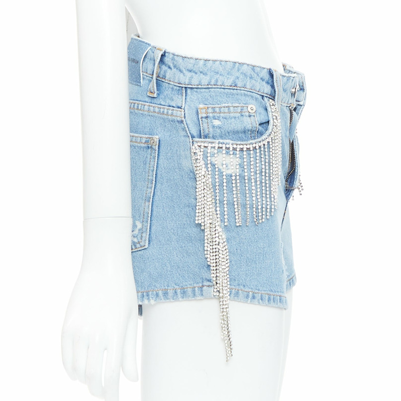 CHIARA FERRAGNI blue crystal fringe distressed denim short shorts XS-3