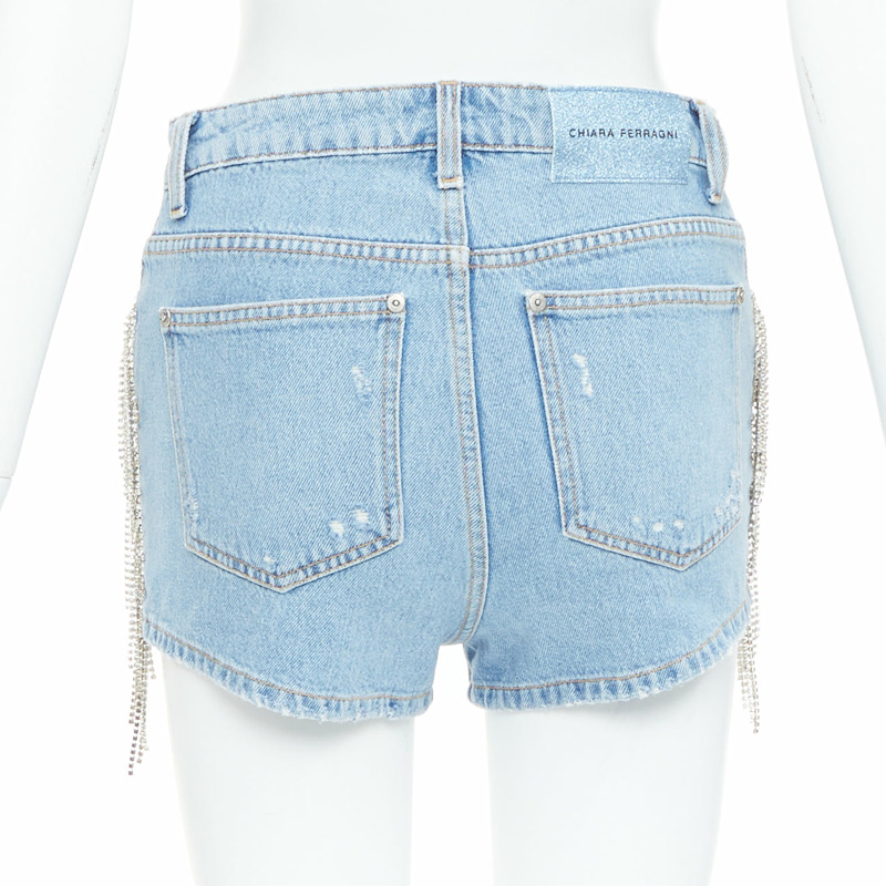 CHIARA FERRAGNI blue crystal fringe distressed denim short shorts XS-4