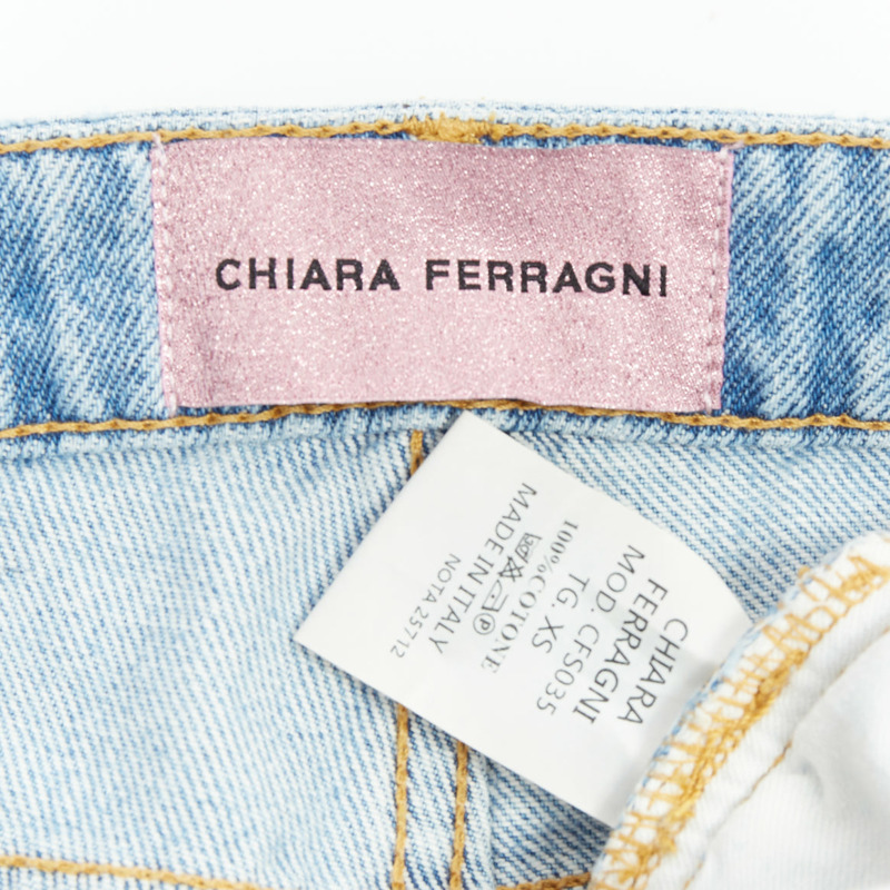 CHIARA FERRAGNI blue crystal fringe distressed denim short shorts XS-7