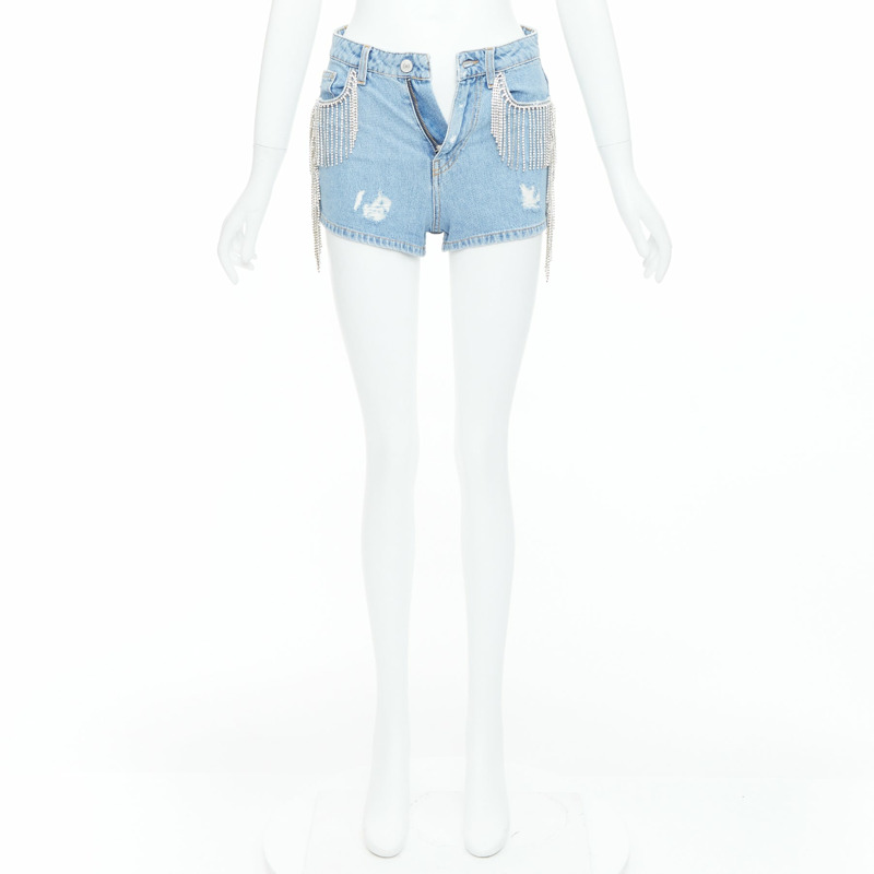 CHIARA FERRAGNI blue crystal fringe distressed denim short shorts XS-8