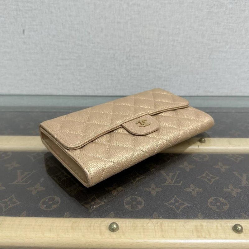 CHANEL 珠光香檳色金扣三折疊長款錢包 18*10.5*2 98新 配件塵袋-2