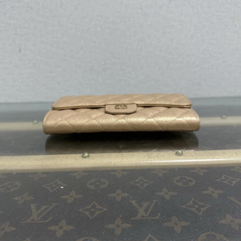 CHANEL 珠光香檳色金扣三折疊長款錢包 18*10.5*2 98新 配件塵袋-3