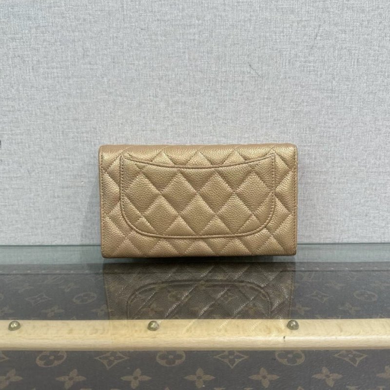 CHANEL 珠光香檳色金扣三折疊長款錢包 18*10.5*2 98新 配件塵袋-5