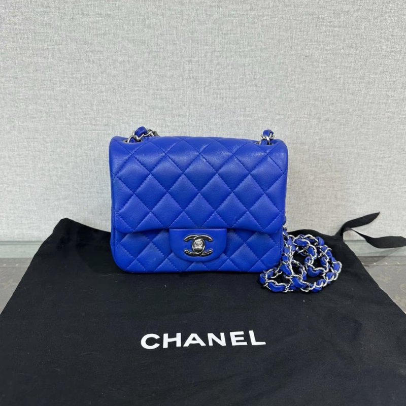 CHANEL 藍色銀扣方胖子肩背斜背包 17*13*7.5 98新配件塵袋-0