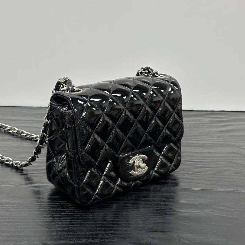 CHANEL 黑銀漆皮方胖子肩背斜背包 16*13*7.5 98新配件塵袋-1