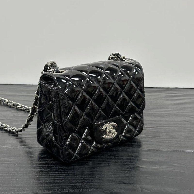CHANEL 黑銀漆皮方胖子肩背斜背包 16*13*7.5 98新配件塵袋-1