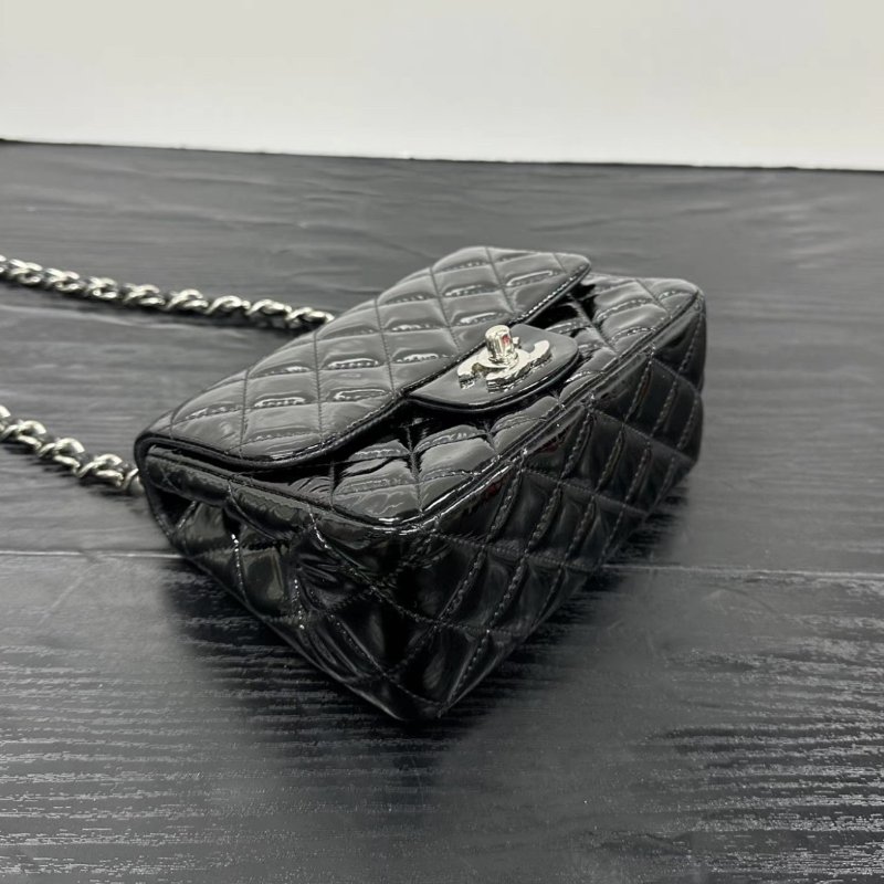 CHANEL 黑銀漆皮方胖子肩背斜背包 16*13*7.5 98新配件塵袋-2