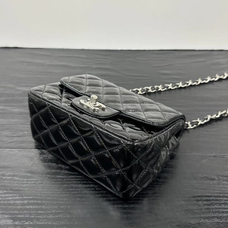 CHANEL 黑銀漆皮方胖子肩背斜背包 16*13*7.5 98新配件塵袋-3