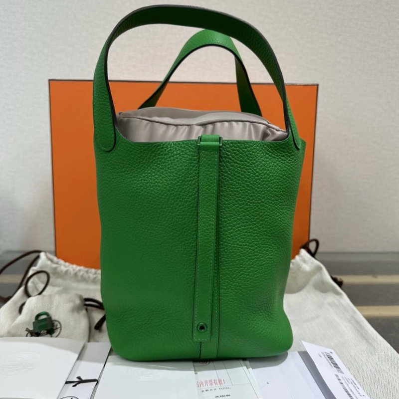 HERMES 竹子綠菜籃子22手提袋 22*22*18 99新配件:盒子塵袋鑰匙鎖購證-0